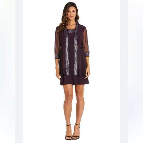 R&M Richard’s Two Piece Dress Metallic Pattern Neckline Jacket Sheer Sleeves 14 - Picture 1 of 12